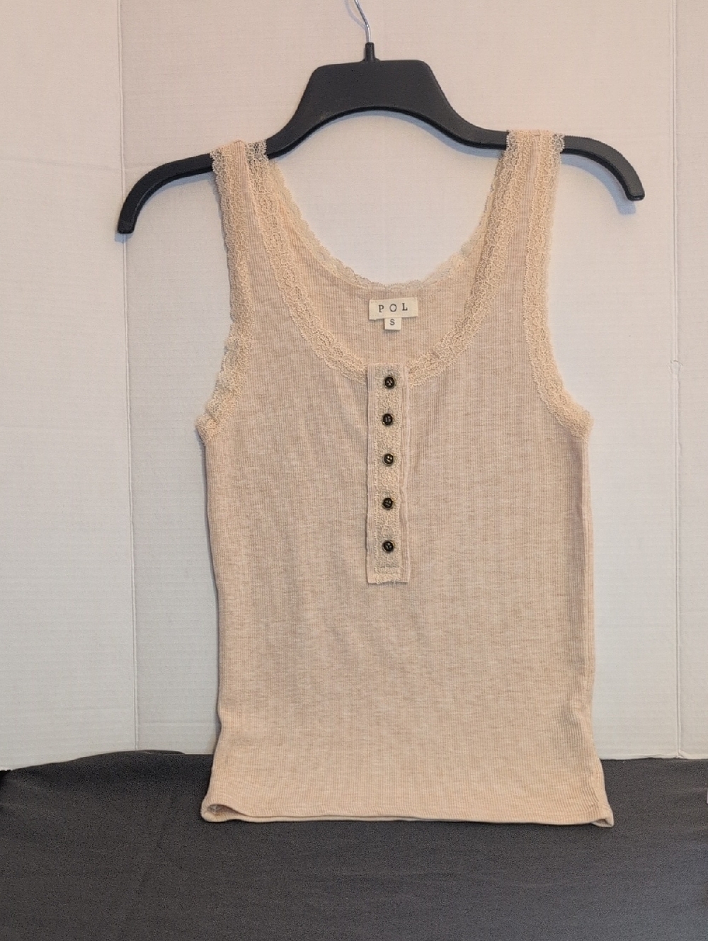 POL Lace-Trim Henley Soft Ribbed Tank Top in Latte Cream